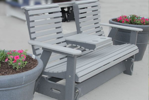 a grey colored two person bench with small table attached between two planters - Kalona Poly